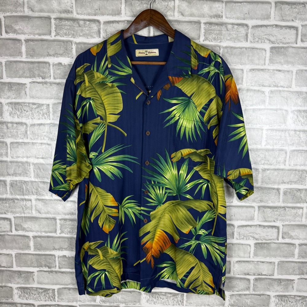 Tommy Bahama Mens Large Silk Tropical Palm Leaf Camp Shirt Navy Short Sleeve